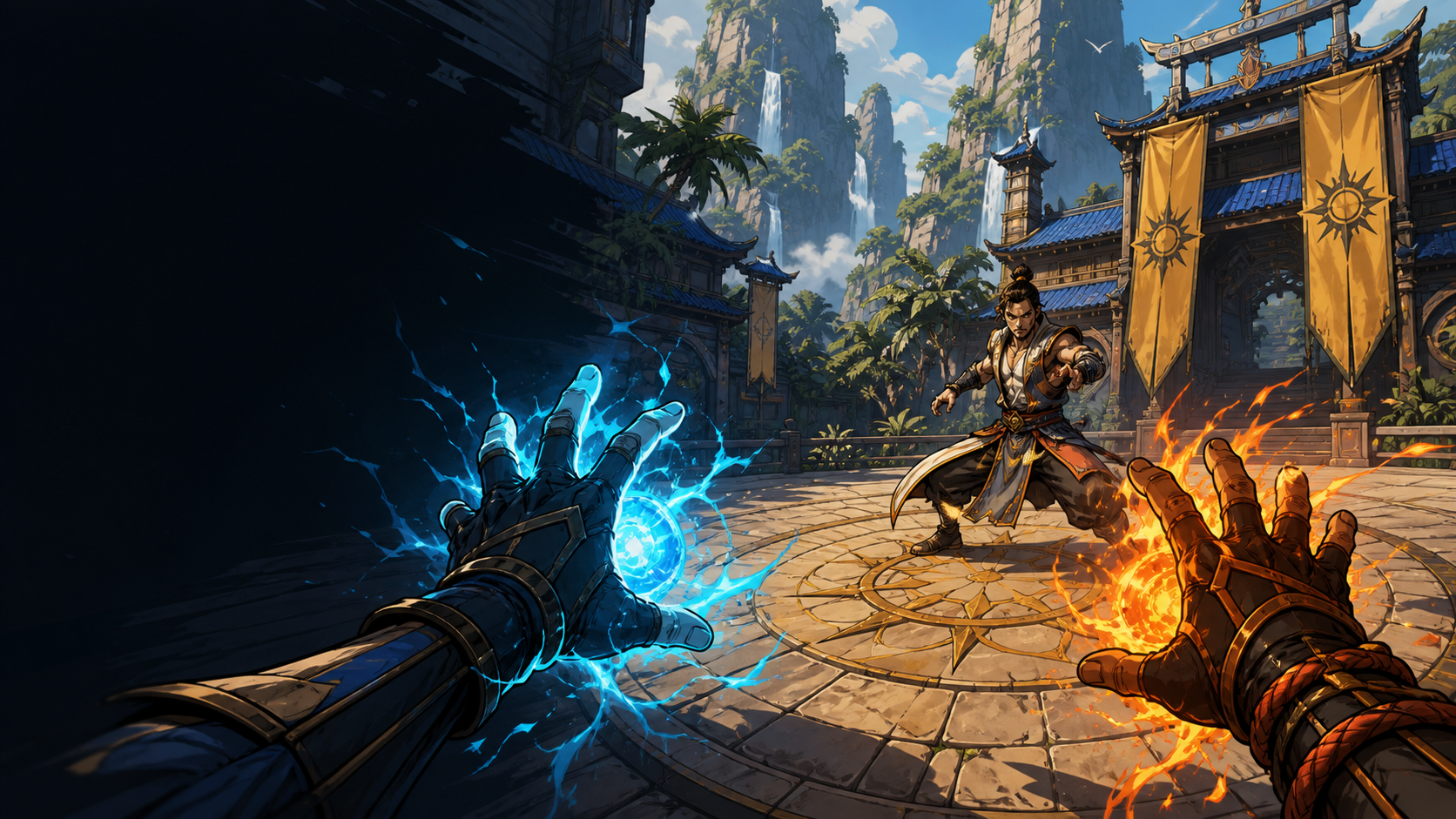 First-person view of two energy-charged hands facing a martial artist in Blast City
