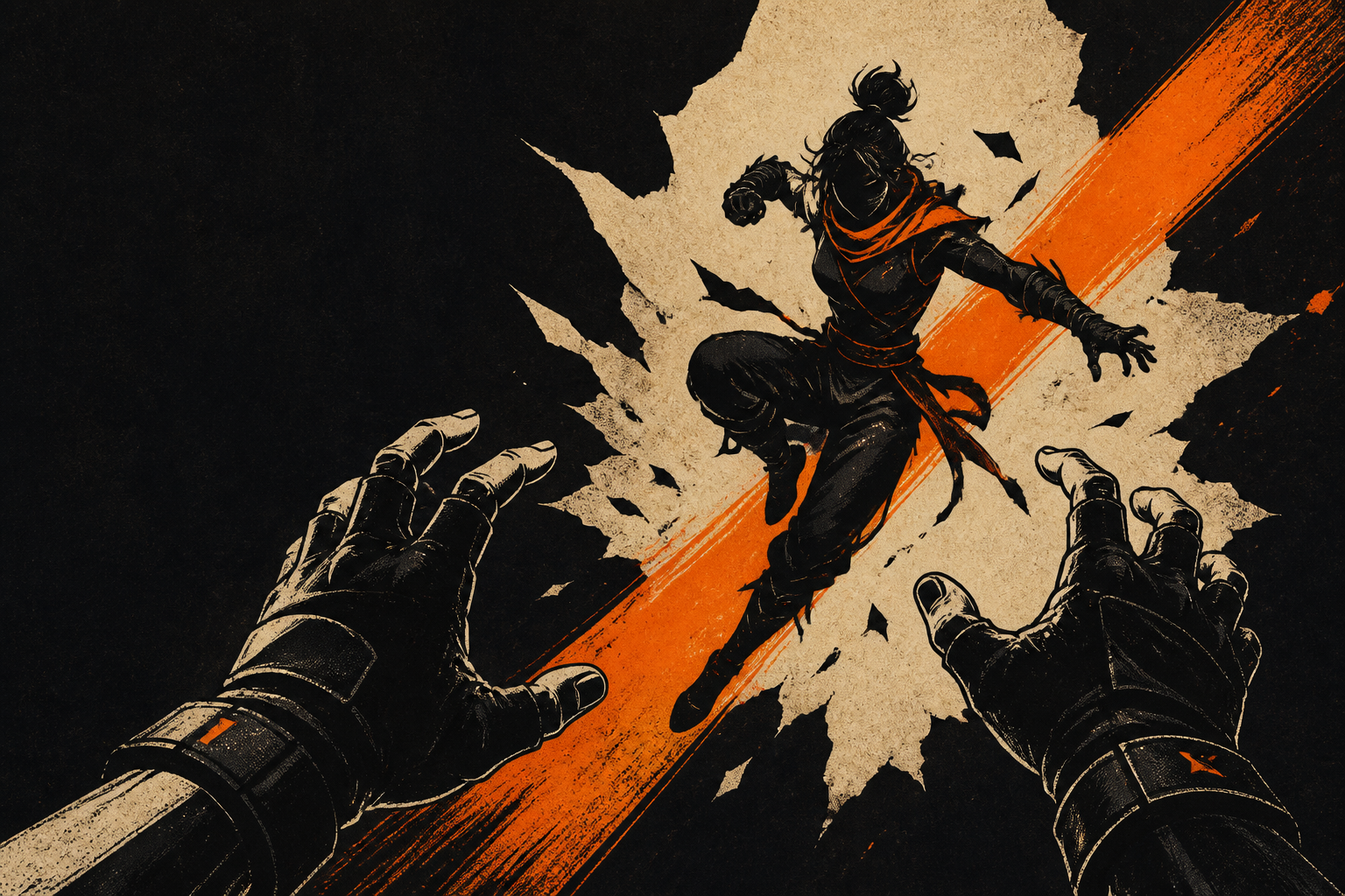 Graphic print of first-person hands facing a fighter breaking through paper