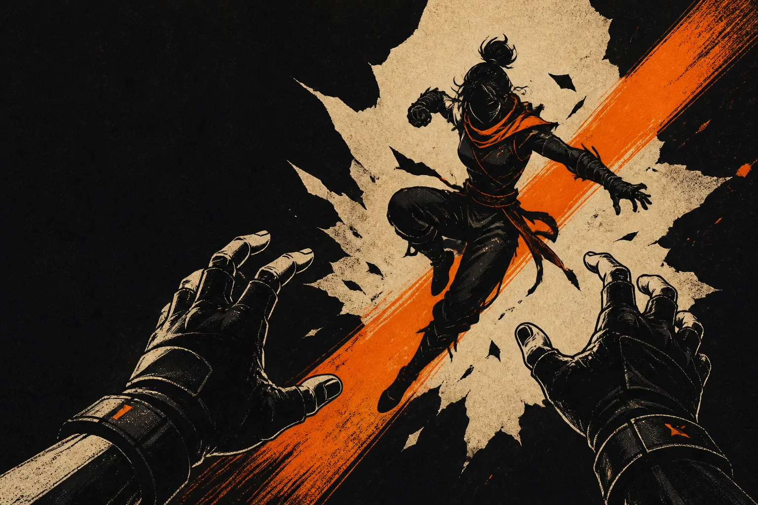 Graphic print of first-person hands facing a fighter breaking through paper